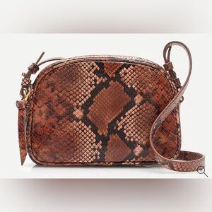 J Crew leather snakeskin brown cinnamon cross-body camera bag